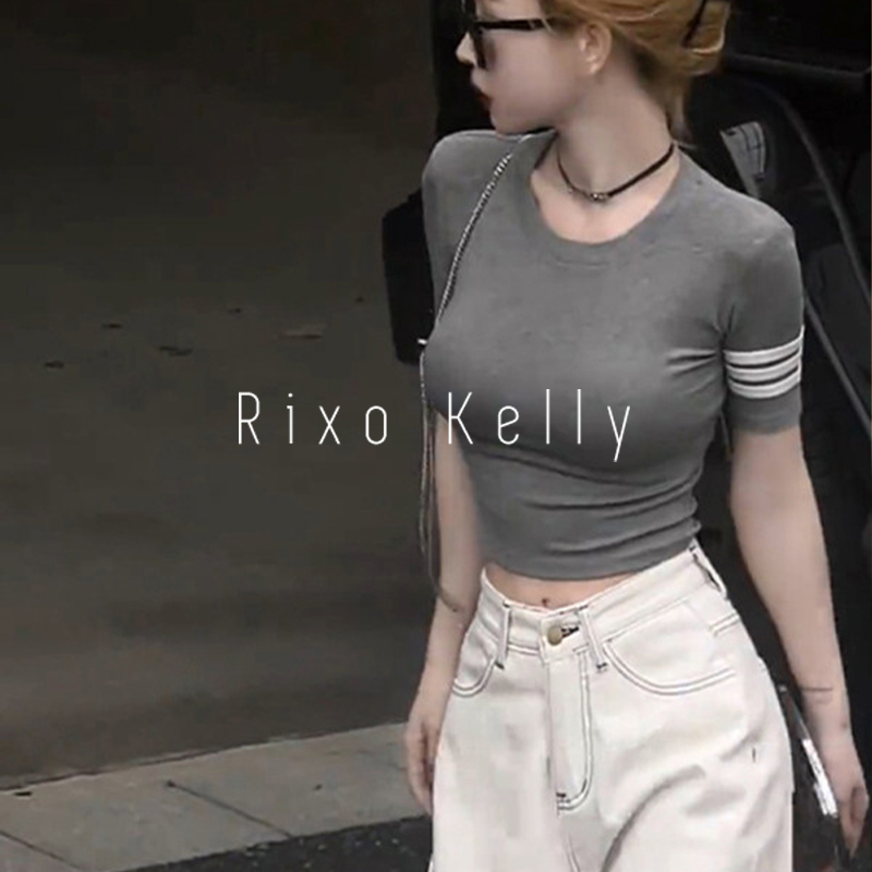 Rixo Kelly Round Neck Three-Stripe Short-Sleeved T-Shirt Women's New Summer Midriff-Baring Tight-Fitting High-Waisted Short Top