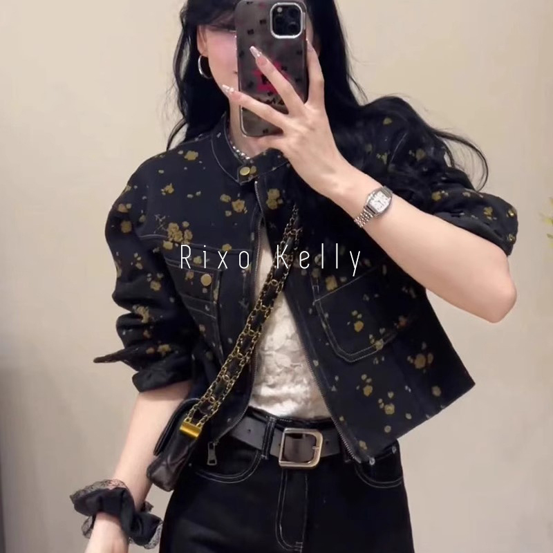 Rixo Kelly Retro Floral Print Denim Jacket New Design Niche Short Style Casual Jacket