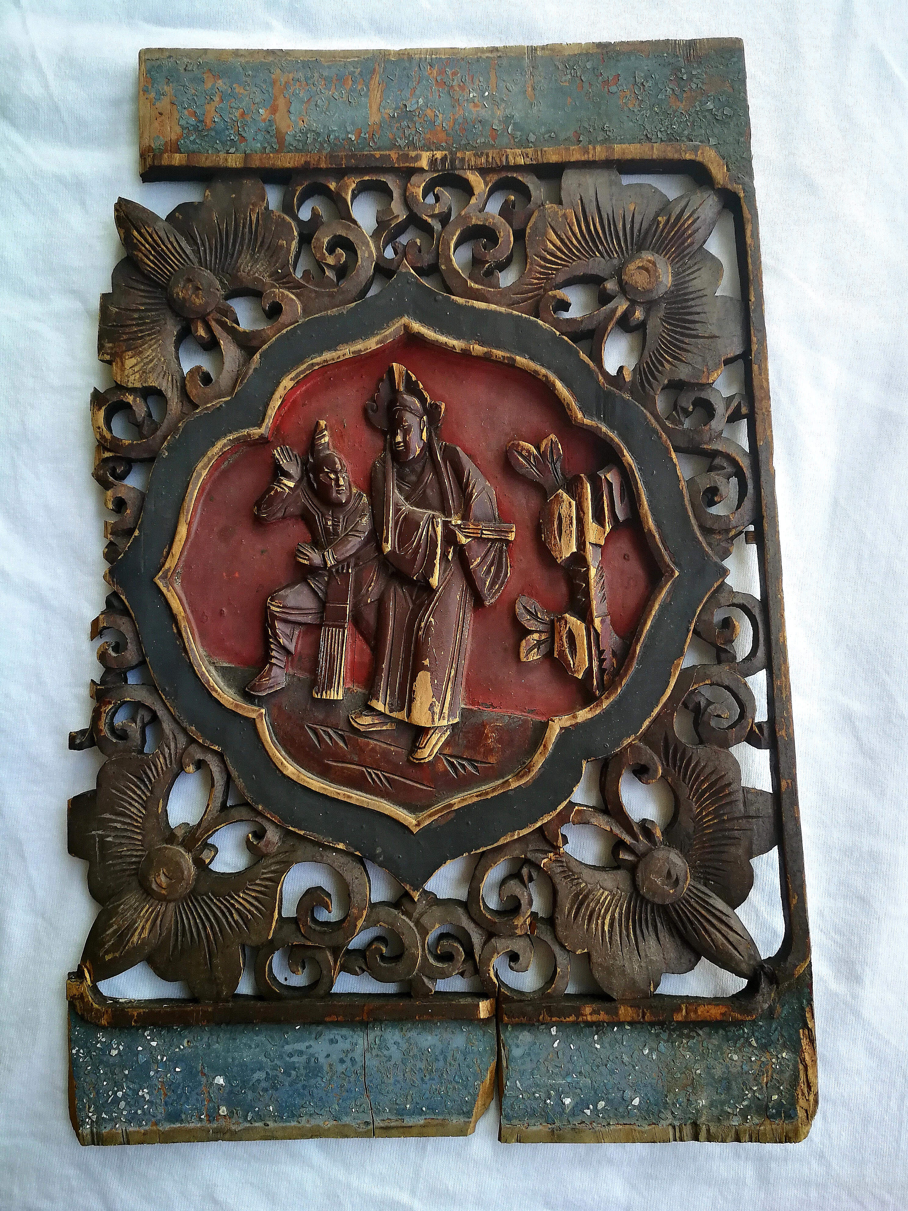 Mi Fu stone appreciation character story Hollow wood carving old board Hardwood veneer Qing Dynasty