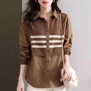 Polo Collar Shirt for Women, Autumn Clothing, Plus Size, New Loose Long-Sleeved Patchwork Fake Two-Piece Striped Knit Top, Unique Blouse
