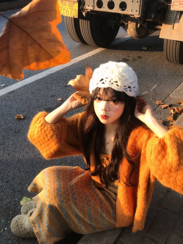 Orange Soda ~ Orange and Yellow Pineapple Pattern Knitted Cardigan for Women, Autumn and Winter, Loose Fit, Slimming, Atmospheric Sweater Coat, Thick Orange Soda ~ Orange and Yellow Pineapple Pattern Knitted Cardigan for Women, Autumn and Winter, Loose Fit, Slimming, Atmospheric Sweater Coat, Thick