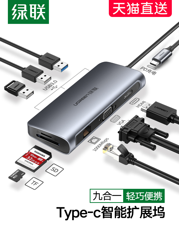 Green Union Typec Extension Dock Expands Notebook USB Junction HUB Thunder 3HDMI Multi-Interface Applicable iPad