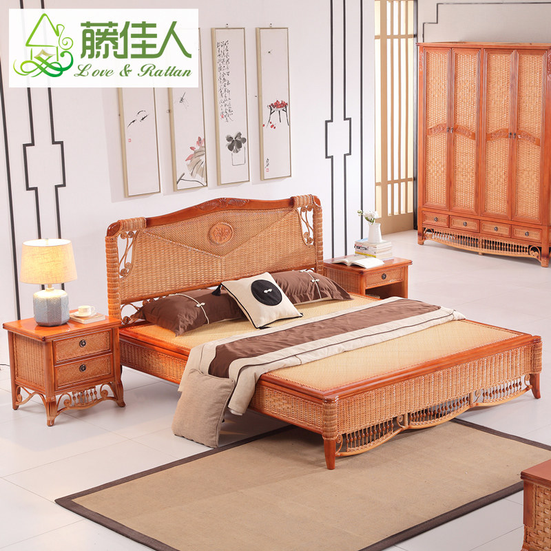 Fuji lady rattan art bed 1.8 meters double bed 1.5 meters single rattan bed solid wood rattan furniture rattan bed rattan bed HT