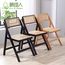 Rattan Lady Rattan Dining Chair Home Portable Folding Chair Solid Wood Retro Nordic Style Simple Back Chair Bamboo Rattan Chair