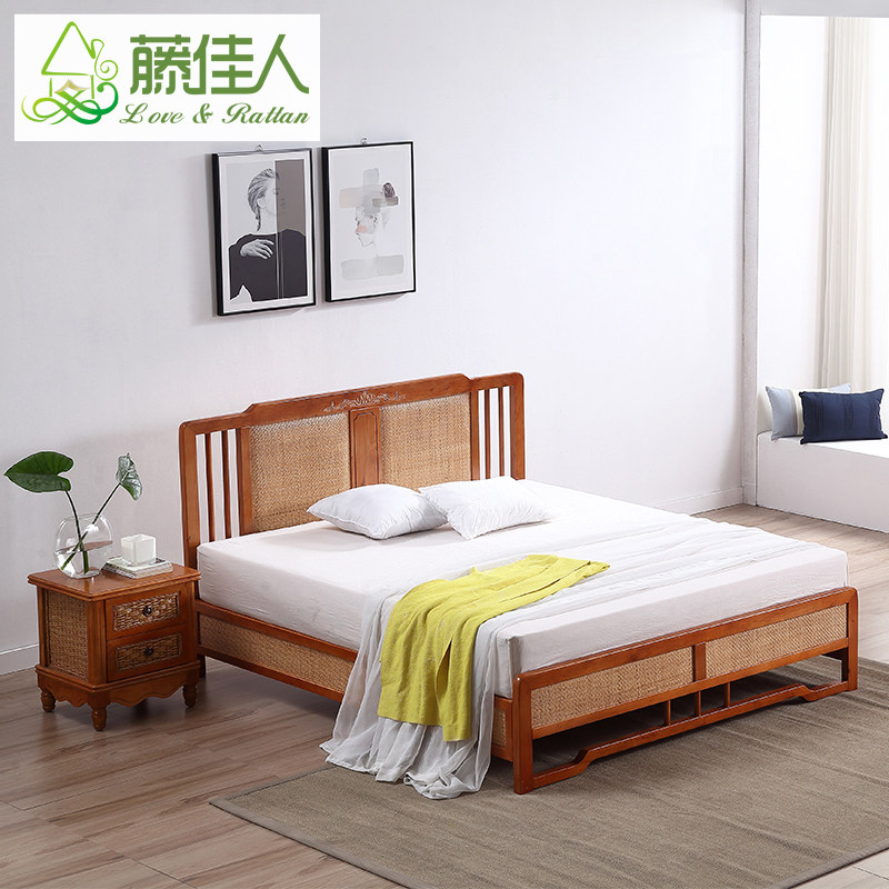 Rattan lady solid wood rattan bed 1 8m double bed hotel rattan furniture rattan bed rattan bedroom kit DS