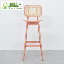 Rattan beauty Nordic retro cafe front desk high back bar chair solid wood chair high stool back chair ins