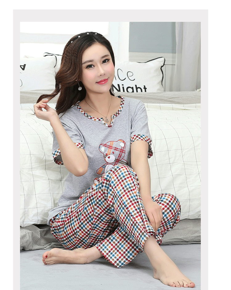 Đồ ngủ nữ Cotton mùa xuân mùa hè Quần ngắn tay thiết lập mùa hè Casual Kích thước lớn Một nửa tay áo Quần cắt Dịch vụ nữ bộ mặc nhà
