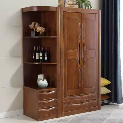Solid wood rubber wood two-door corner wardrobe Two-door wardrobe with drawer corner cabinet Chinese bedroom storage cabinet small apartment