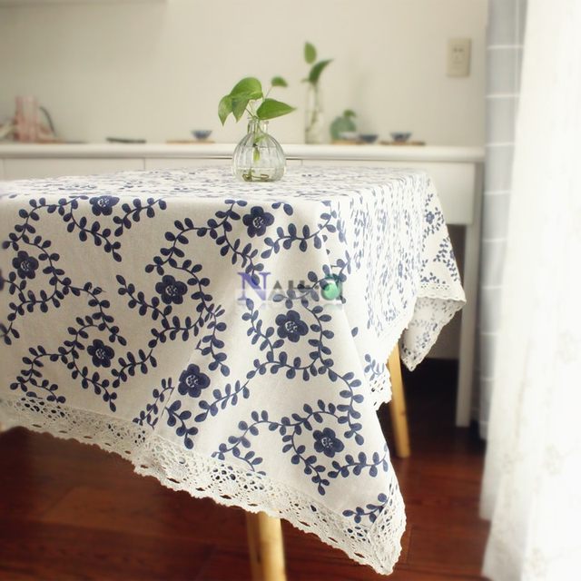 Blue and White Porcelain Chinese Pastoral Style Cotton Linen Tablecloth Classical Chinese Style Lace Fresh Tea Table Cloth Rectangular Cover Cloth