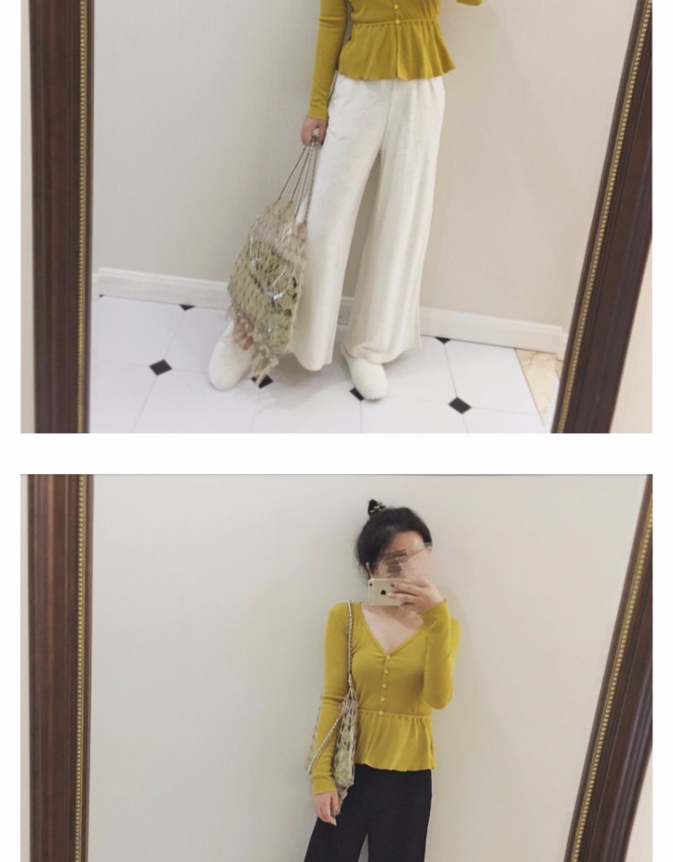 "MoMoWoAi 呗" vintage mù tạt màu vàng cát bột nữ tính V-cổ xù áo len viền áo thun áo len cho người già