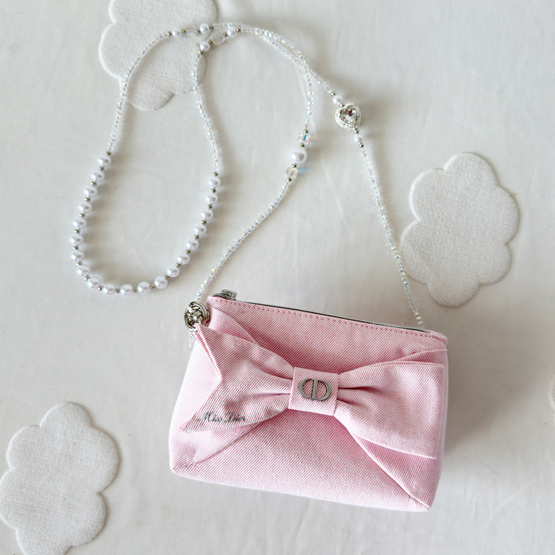 Dior Pink Bow Cosmetic Bag for Women DIY Pearl Chain Portable Shoulder Bag