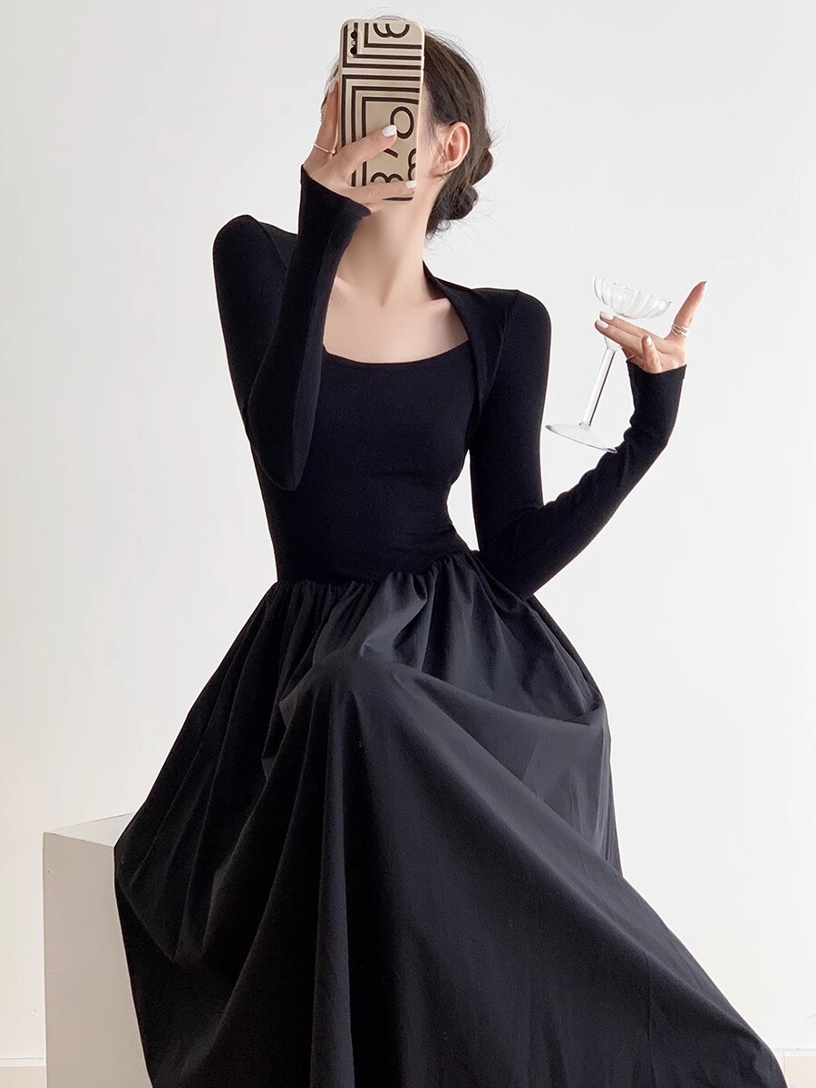 Audrey Hepburn-inspired black dress, sophisticated autumn/winter style, French chic, long-sleeved, slim-fitting, square-neck knit maxi dress.