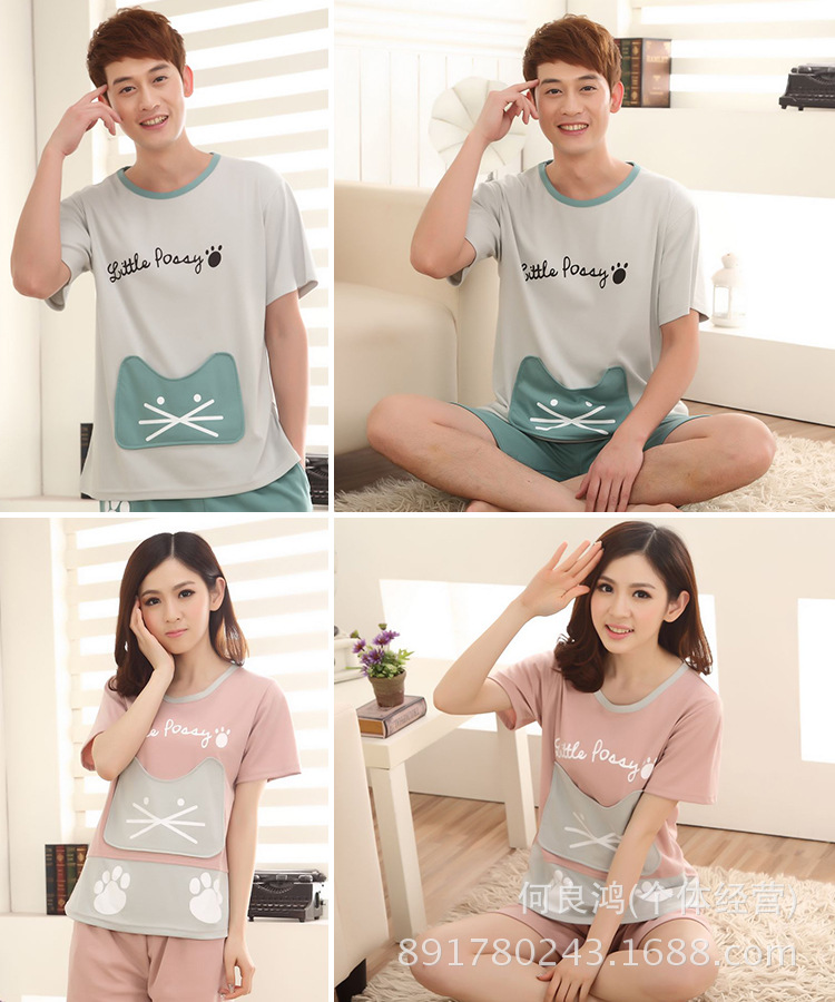 Mùa hè vài bộ đồ ngủ cotton ngắn tay Hàn Quốc mùa hè đồ ngủ nam giới và phụ nữ dễ thương nightdress phần mỏng dịch vụ nhà phù hợp với