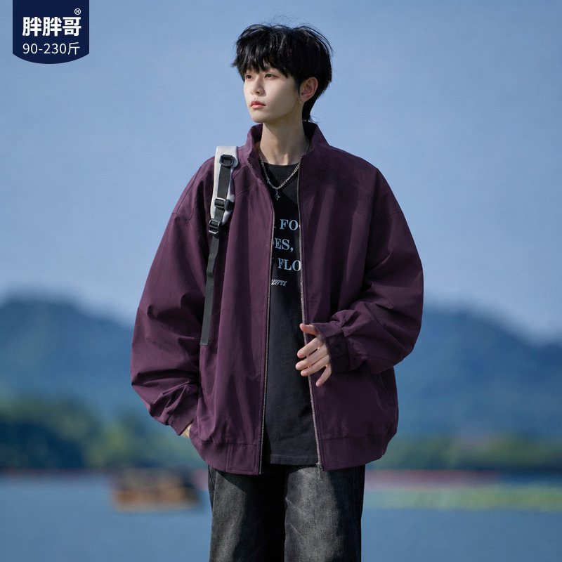 Fat Brother's American-Style Purple Men's High-End Thin Autumn Jacket, Men's Large Size Loose and Handsome Retro Coach Jacket Fat Brother's American-Style Purple Men's High-End Thin Autumn Jacket, Men's Large Size Loose and Handsome Retro Coach Jacket