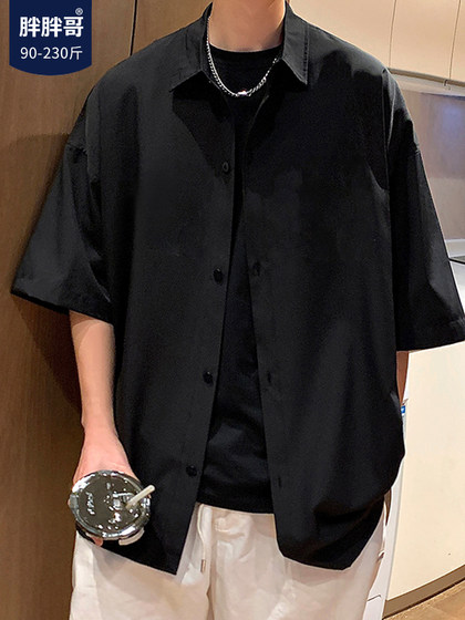 胖胖哥黑色短袖衬衫男款春夏季港风外穿半袖衬衣大码宽松休闲外套