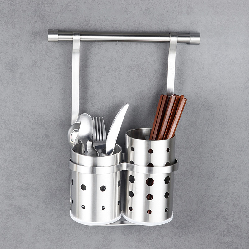 Double chopstick cage hanging rack 304 stainless steel kitchen shelve chopstick cylinder pendant hanging hook rod free of punch