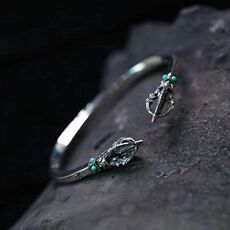 手饰/手串 925纯银镶嵌湖北十堰高瓷蓝绿松石金刚杵手镯手饰活口简约情侣款