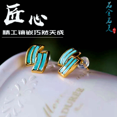Серьги 925银镀金镶嵌湖北十堰天然高瓷蓝绿松石水波纹耳钉耳饰气质女款