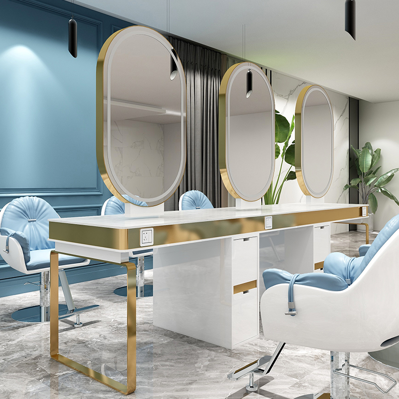 Net Red Hairdresseshop Hair Salon Special Bronzed Mirror Table Cabinets Integrated Beauty Hair Shop Mirror Led with lamp on floor fashion
