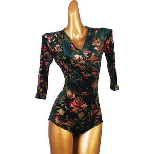 black velvet floral Latin  ballroom dance one piece top  for women half sleeve ballroom Dancing jumpsuits for female