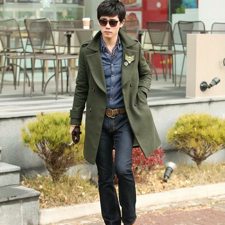 韓國代購男裝19冬款軍綠色紳士修身雙排扣商務大衣外套上衣