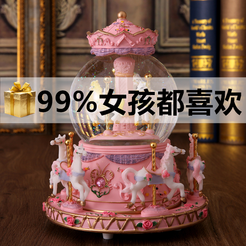 Crystal Ball Merry-go-round Snow Music Box Girl Movement Princess Birthday Gift Sky City Music Box