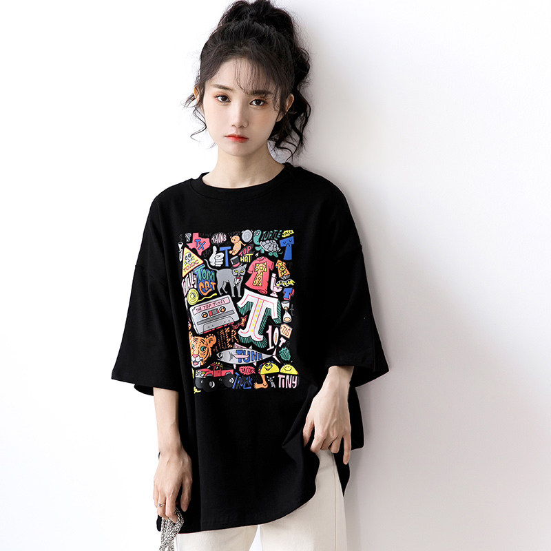 South Korea 2021 summer new short-sleeved cotton t-shirt female half-sleeve ins Hong Kong style loose black cartoon print top