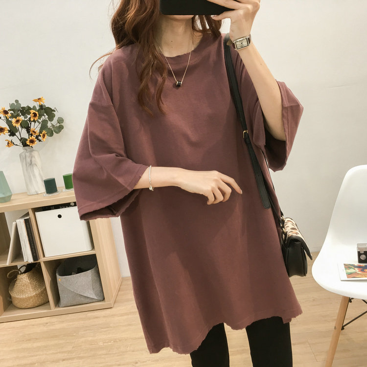 South Korean spring and summer medium long version of round collar short sleeve T-shirt female pure cotton large size Korean version loose and thin casual dines blouses