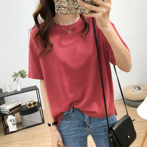 Korea summer new round neck short sleeve t-shirt women loose slim split top Solid Color BASIC simple base shirt