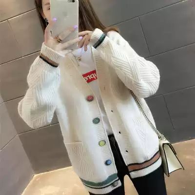South Korea 2020 autumn and winter new sweater jacket female student Korean loose V-neck lazy wind outside knitted cardigan