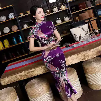 Cheongsam long version of the ladyboy cross-dressing anti-string cd large size retro modified catwalk Cheongsam Western dress model Cheongsam skirt