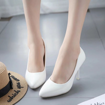 Black round head white collar high heels female thin and nude color with false mother cross dress reverse string cd elegant professional 7cm