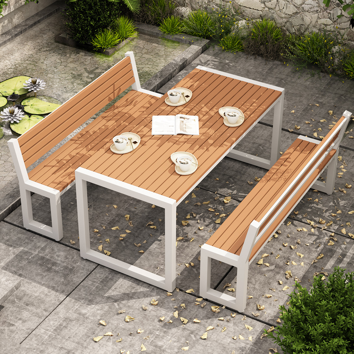 Outdoor courtyard table and chair combination balcony casual sunscreen long dining table and chairs outdoor park open-air anti-corrosion wood table