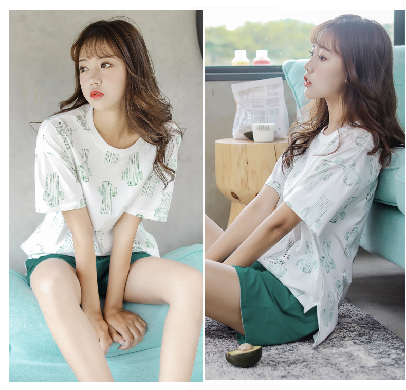Bộ đồ ngủ nữ mùa hè cotton ngắn tay Hàn Quốc ngọt ngào dễ thương Loose Thin Dịch vụ nhà cô gái Bộ hai mảnh có thể mặc đồ mặc nhà cao cấp