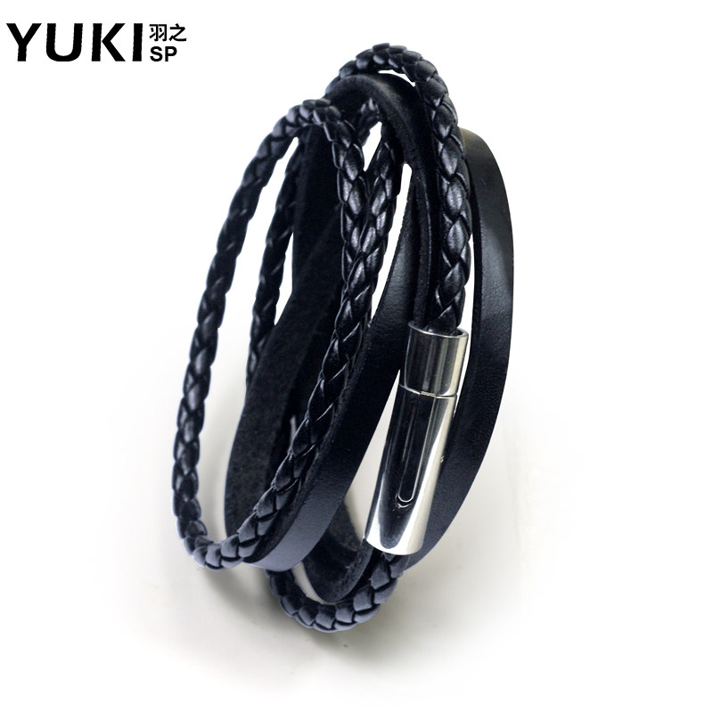 YUKI men's titanium steel cowhide PU leather hand trendy Korean version of hand decoration leather rope multi-layer hand rope girl bracelet