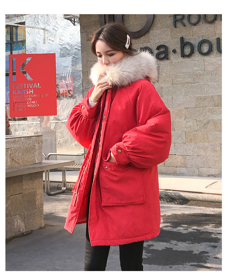 Áo trùm đầu bằng vải bông cho nữ có phần dài cùng một đoạn 2018 áo khoác cotton mới in lưới màu đỏ bánh mì quần áo mùa đông bf thủy triều áo phao dáng dài đẹp