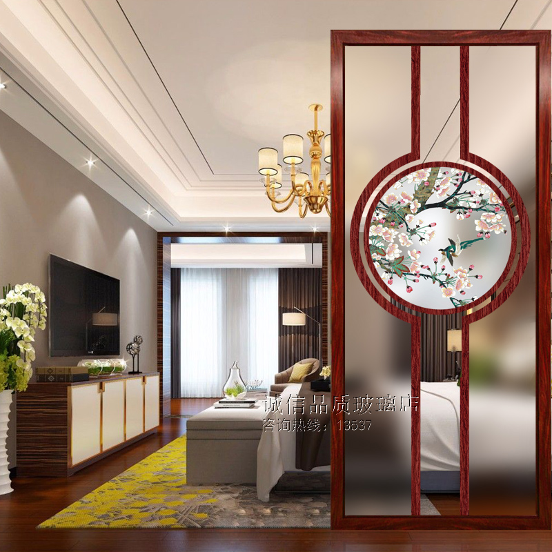 Art Glass Partition Washroom Screen New Chinese Style Double Sided Light Transmission Effect Custom Tempered Glass Flower