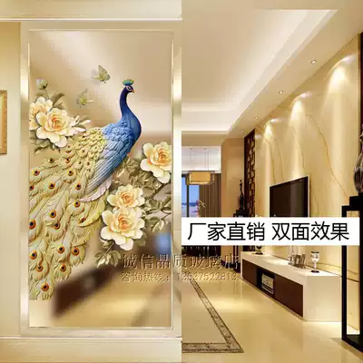 Art glass partition frosted carved porch double-sided transparent painted tempered craft high-end art decorative peacock