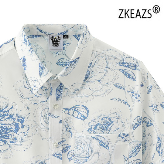 Combed cotton Hawaiian flower shirt men's short-sleeved high-end half-sleeved Hong Kong style seaside resort shirt handsome pure cotton