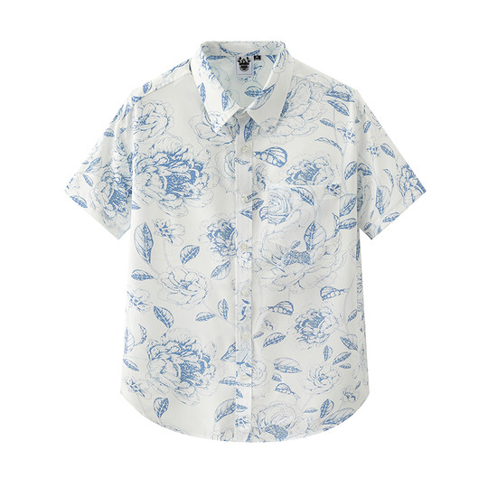 Combed cotton Hawaiian flower shirt men's short-sleeved high-end half-sleeved Hong Kong style seaside resort shirt handsome pure cotton