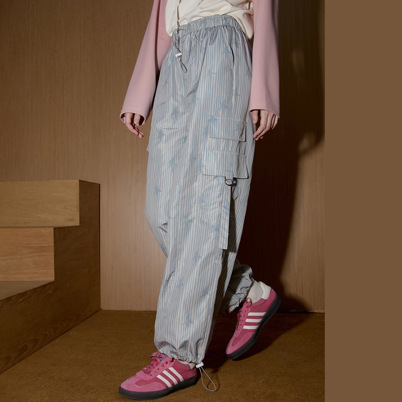 Authentic Discount Store American-Style Casual Cargo Pants Wide-Leg Straight Striped Pocket Women's Casual Pants Retro Star Authentic Discount Store American-Style Casual Cargo Pants Wide-Leg Straight Striped Pocket Women's Casual Pants Retro Star