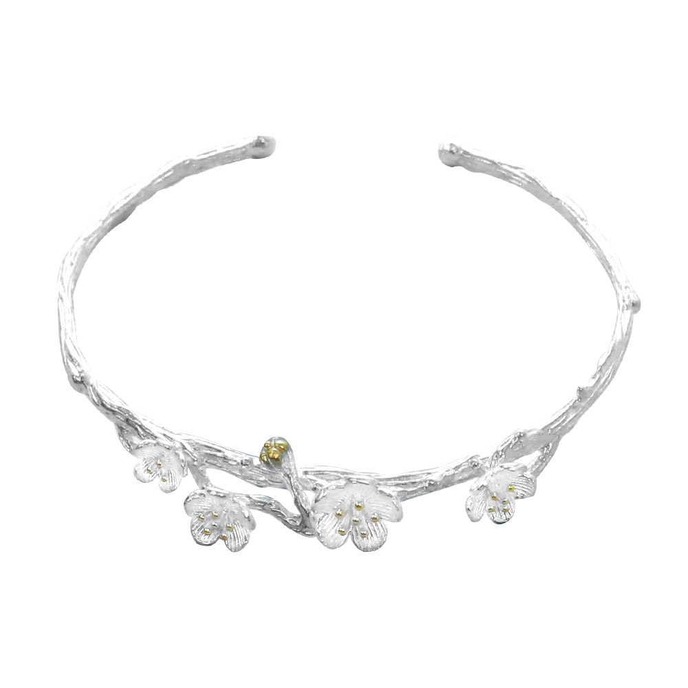 Peach Blossom Silver Bracelet for Female Students, Simple and Fresh, Versatile Plum Blossom Open Bracelet, Gift for Girlfriend, Vintage Bracelet