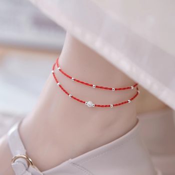 Silver Transfer Bead Anklet for Women 2025 New Trendy Red Rope Zodiac Year Handmade Woven Rope Non-Fading Foot Rope Leg Ring