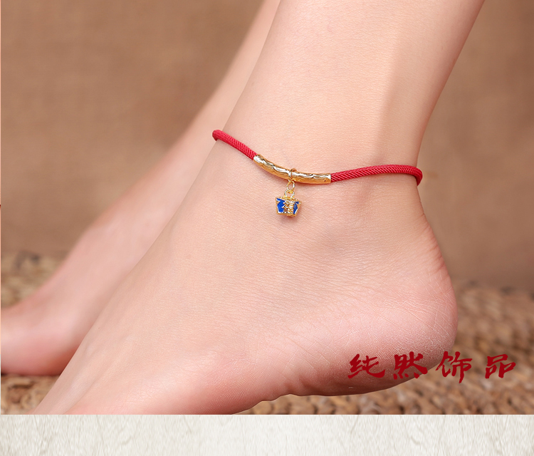 Trang sức tinh khiết dây đỏ vòng chân nữ cloisonne phước lành vàng 14k có thể điều chỉnh học sinh xua đuổi phụ kiện phước lành lắc chân vàng