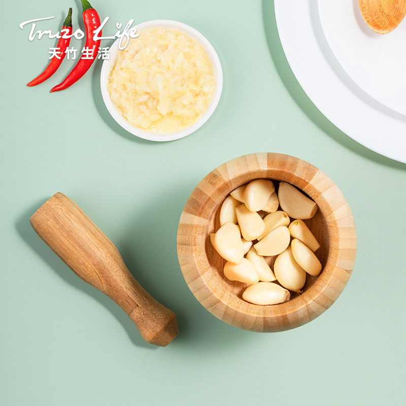 Tianzhu garlic mortar Household manual solid wood garlic press Bamboo mashing pot Garlic mashing medicine pot Ring bowl mashing garlic pot