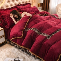 Winter coral velvet padded cotton bed skirt four-piece set thickened crystal velvet lace bedspread 4-piece set 1 8m bed flannel