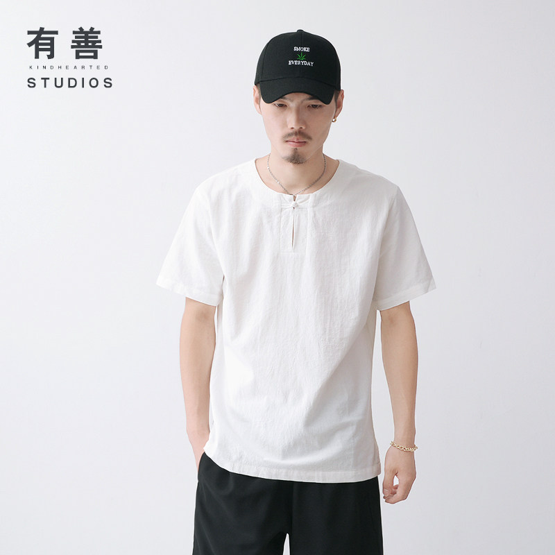 夏季薄款亚麻短袖t恤男宽松大码中式棉麻布上衣服民族风盘扣体恤