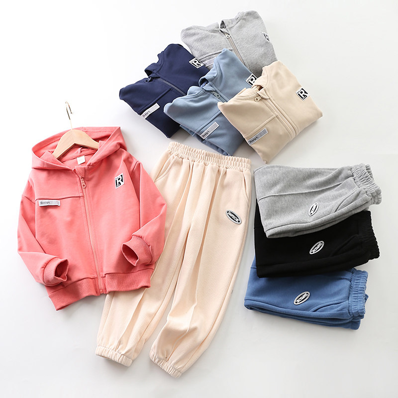 Fashion Boys Sports Suit Spring Trendy Cotton Hooded Zipper Shirt Solid Color Versatile Girls Casual Thick Cotton Clothes