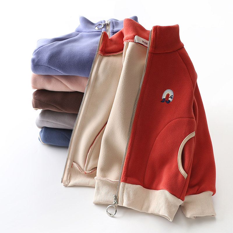 All-match children's jacket men's spring and autumn thickened Ollie velvet stand-up collar zipper cardigan Chinese red top female treasure