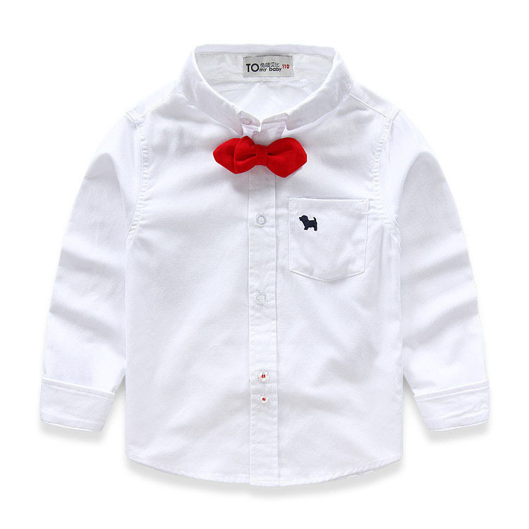 Pure white child long sleeve shirt men and women uniform show red collar tie with shirt clothes pure cotton